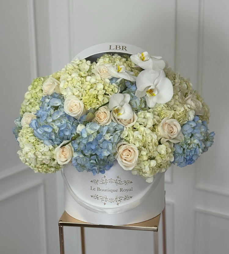 Hortensias y rosas de lujo blancas y rosas