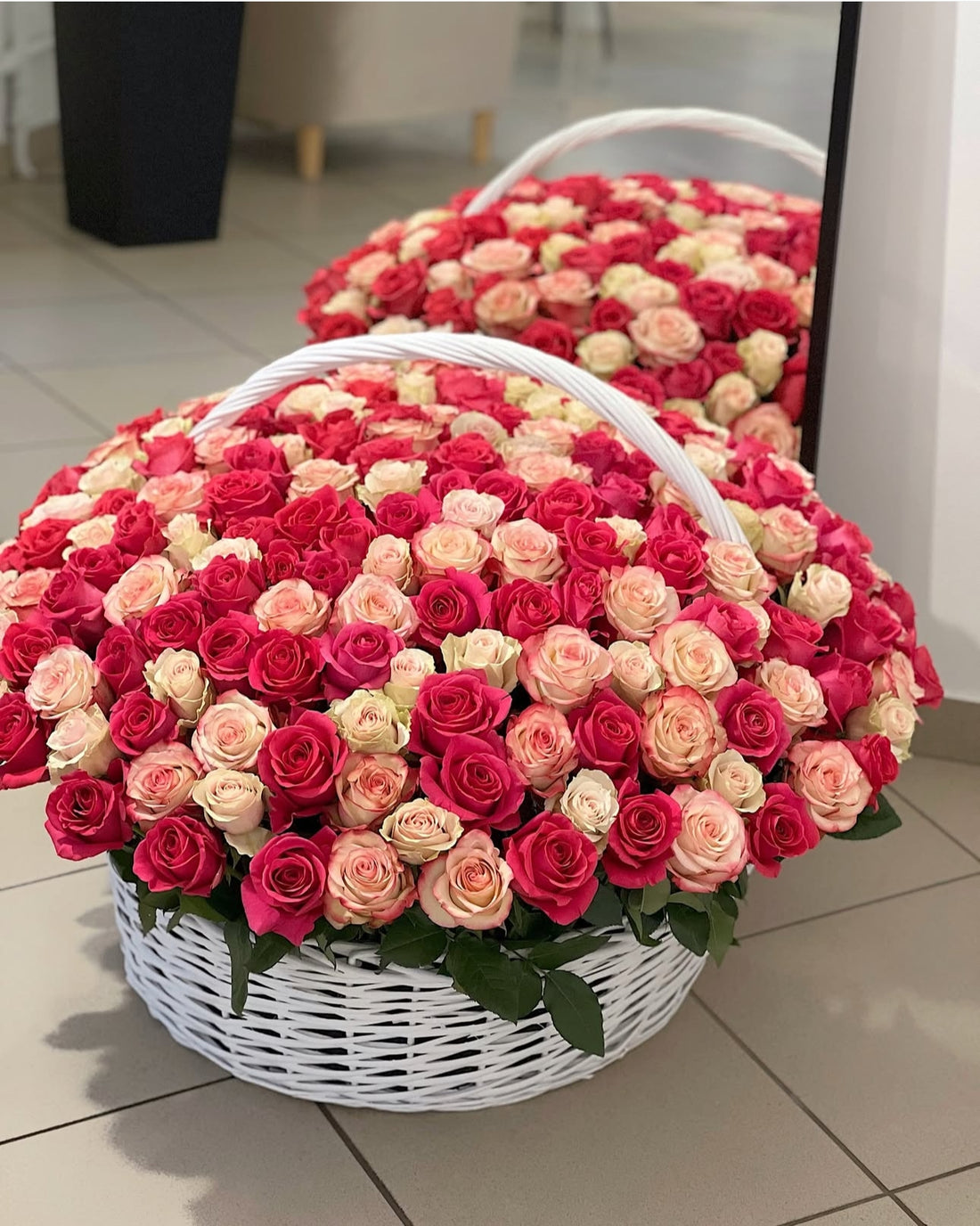 100 roses in a basket