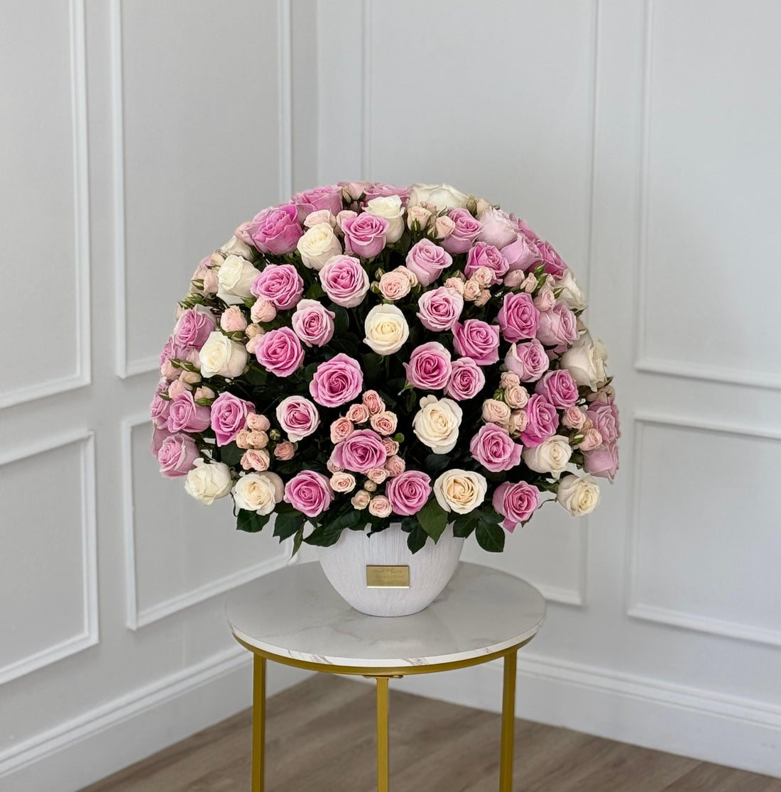 Pink and White Roses in Elegant Vase