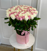 Pink & White Long Stem Roses in Signature Box – Luxury Flower Arrangement | Le Boutique Royal
