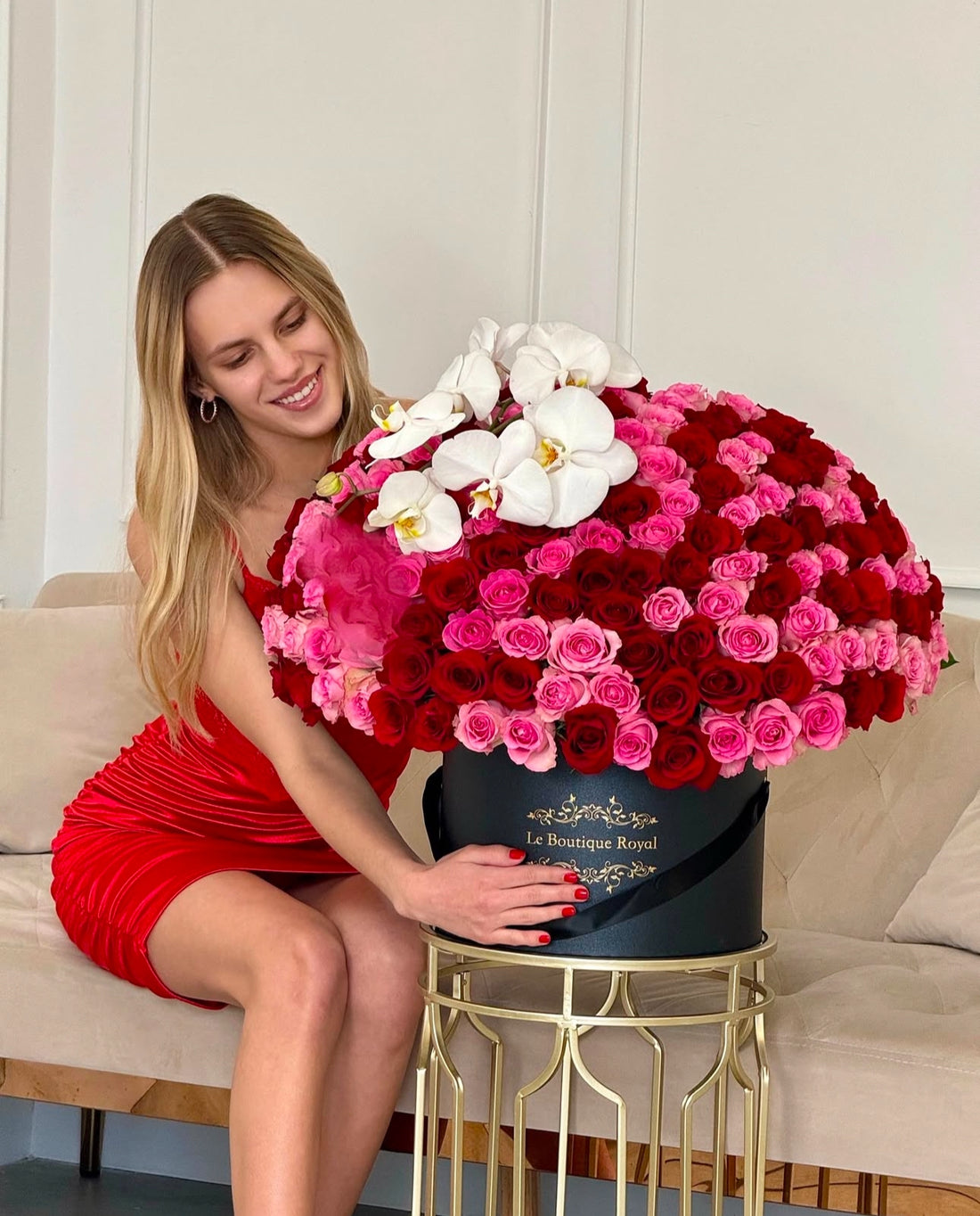 pink and red roses with a model