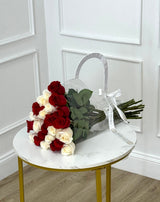 Two Dozen Red and White Roses in Bloom Bag – Luxury Flower Delivery Miami | Le Boutique Royal