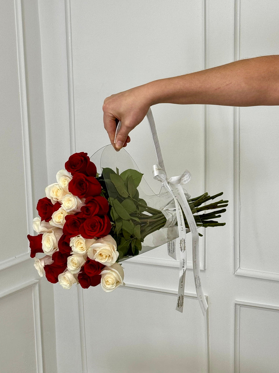 Two Dozen Red and White Roses in Bloom Bag – Luxury Flower Delivery Miami | Le Boutique Royal