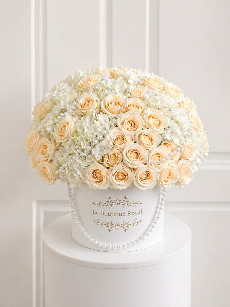 white roses and hydrangeas