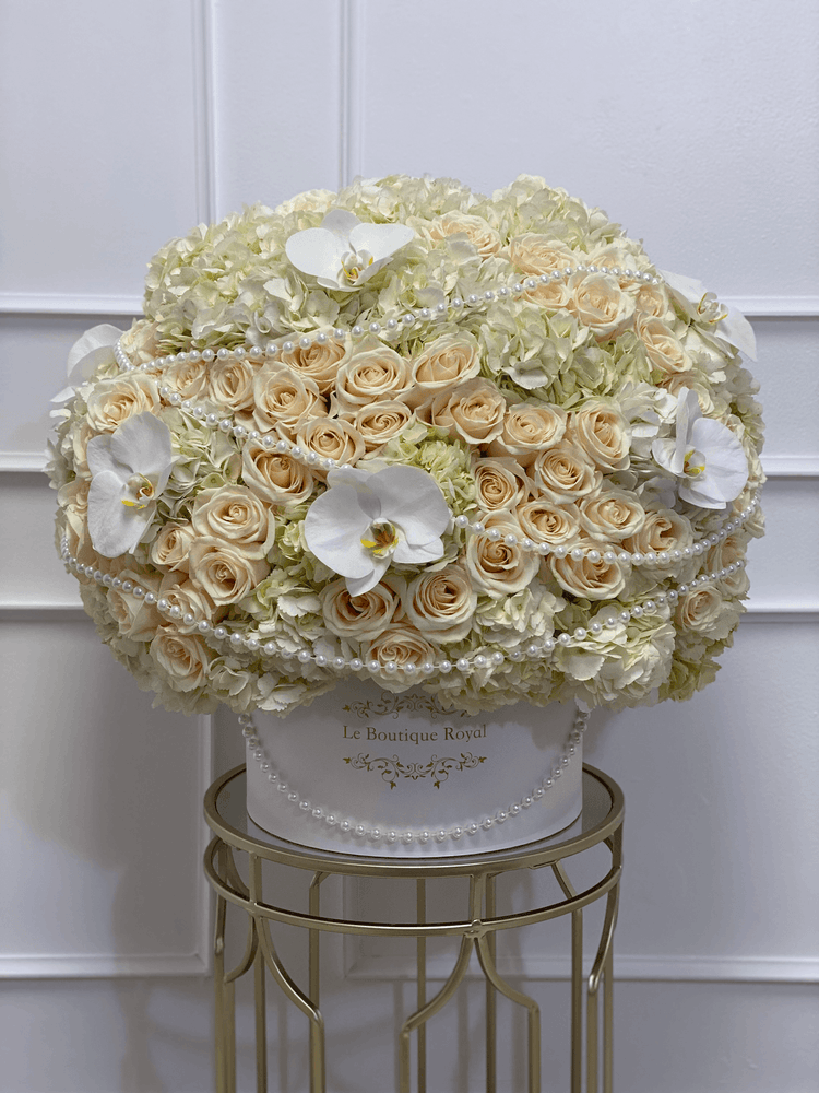 Elegant White Mix With Hydrangeas, Roses, Orchids in Signature Box – Luxury Flower Arrangement Miami | Le Boutique Royal