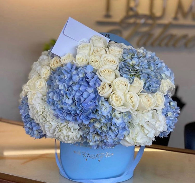 Hortensias azules y blancas en una hermosa caja Le Boutique Royal