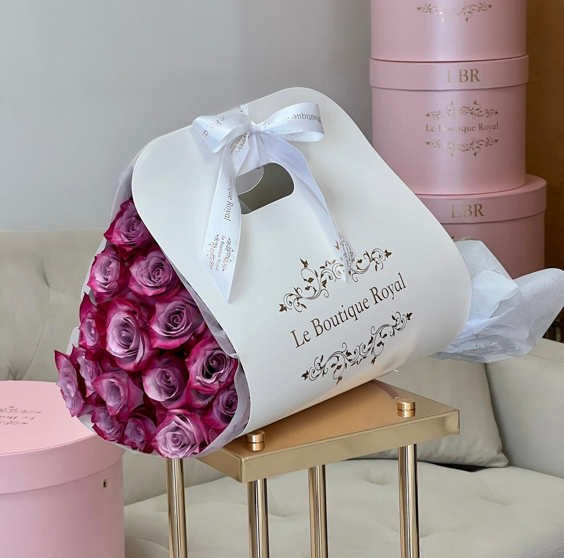 12 Purple Roses in Bloom Bag – Luxury Flower Delivery Miami | Le Boutique Royal