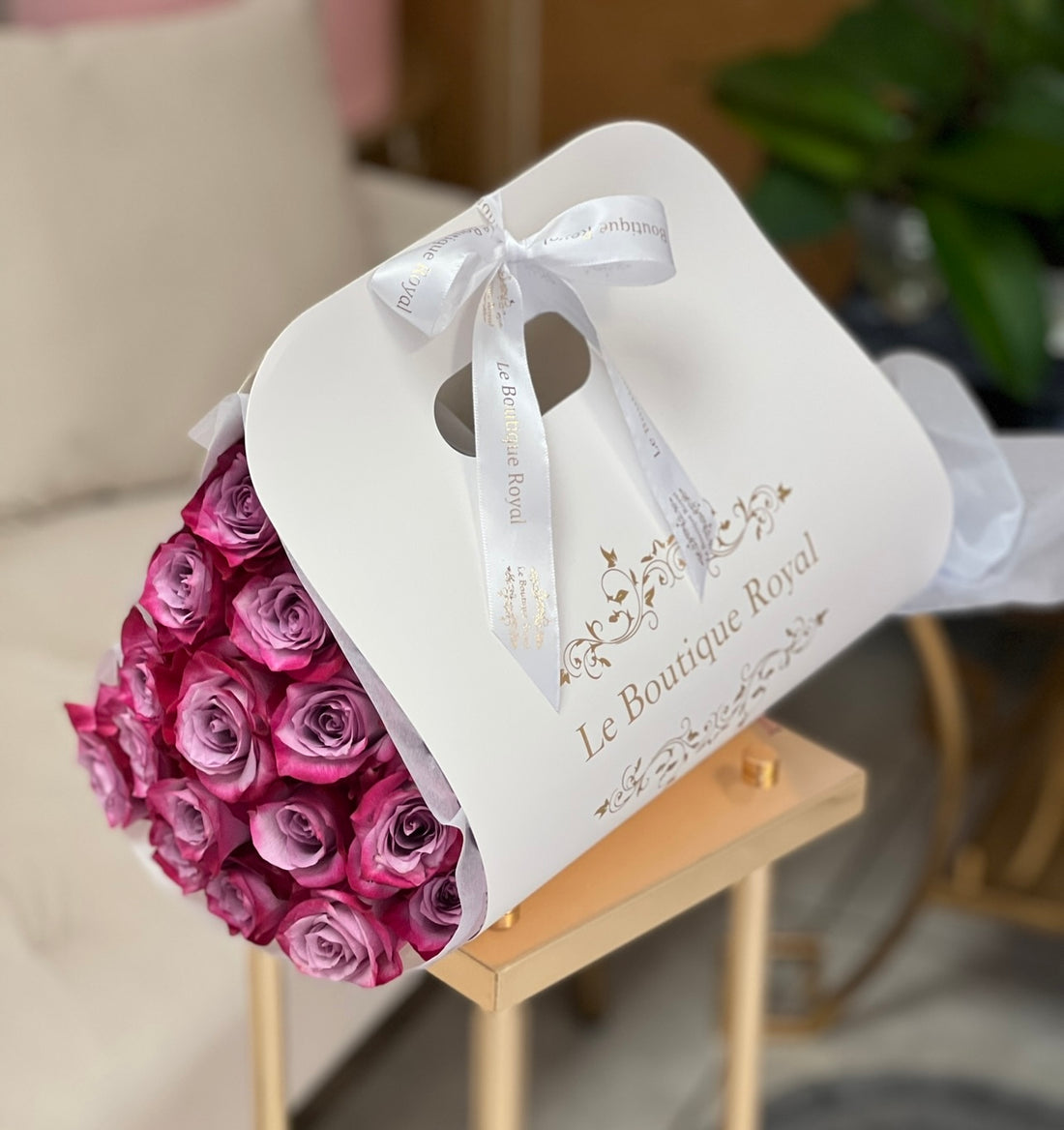 12 Purple Roses in Bloom Bag – Luxury Flower Delivery Miami | Le Boutique Royal