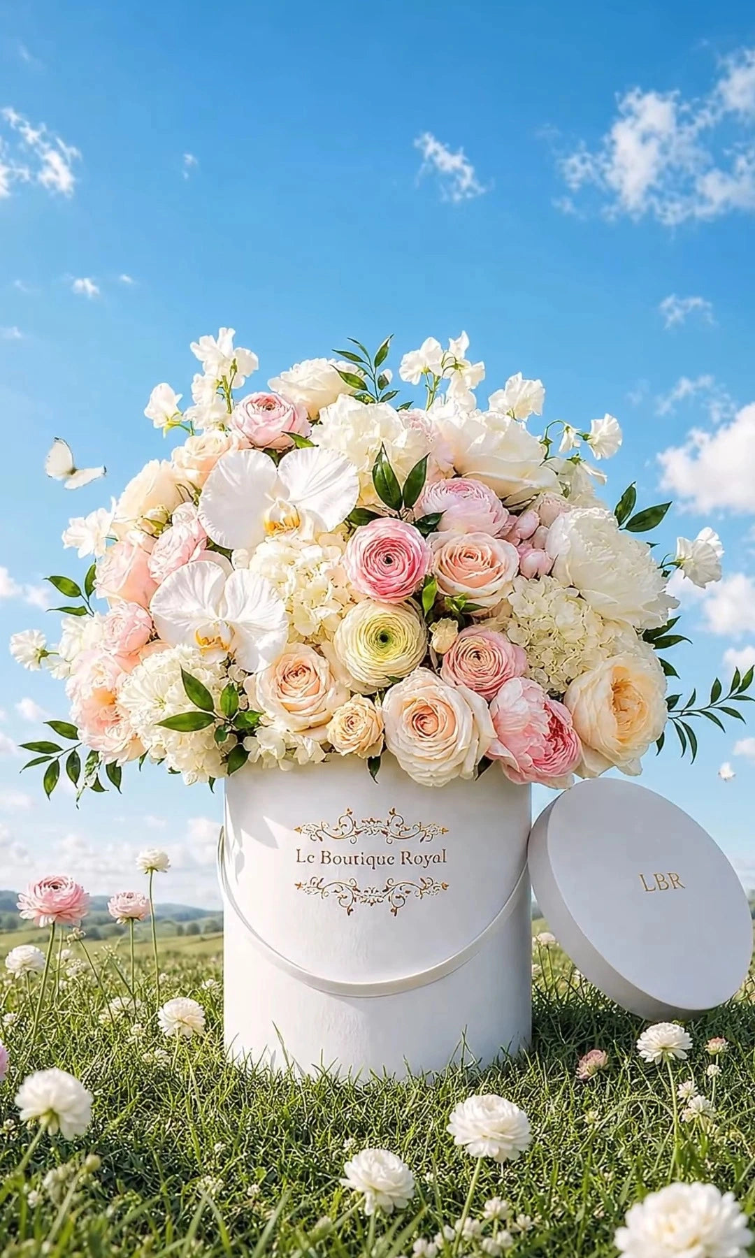 A large floral arrangement in a white cylindrical gift box with the lid beside it, placed outdoors in grass under a blue sky. The bouquet contains mostly white and blush pink flowers with green foliage.