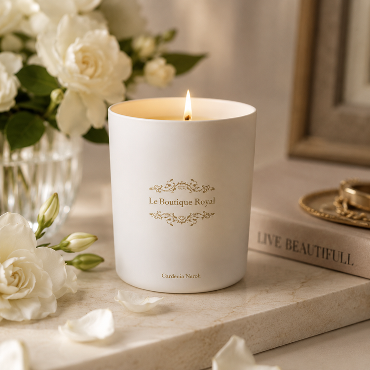 Lit Le Boutique Royal Gardenia Neroli luxury candle with white gardenia flowers