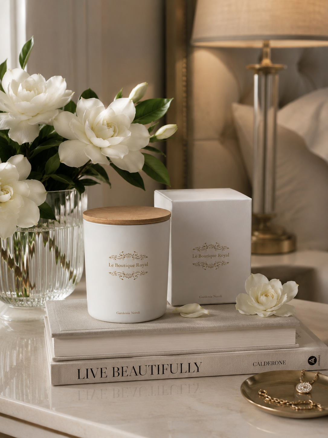 Vela de lujo Le Boutique Royal hecha a mano Gardenia Neroli con caja de regalo