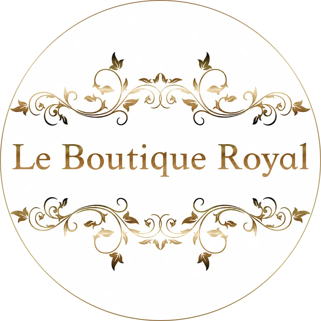 A circular white graphic with elegant gold ornamental flourishes and the text 'Le Boutique Royal' in gold serif lettering.