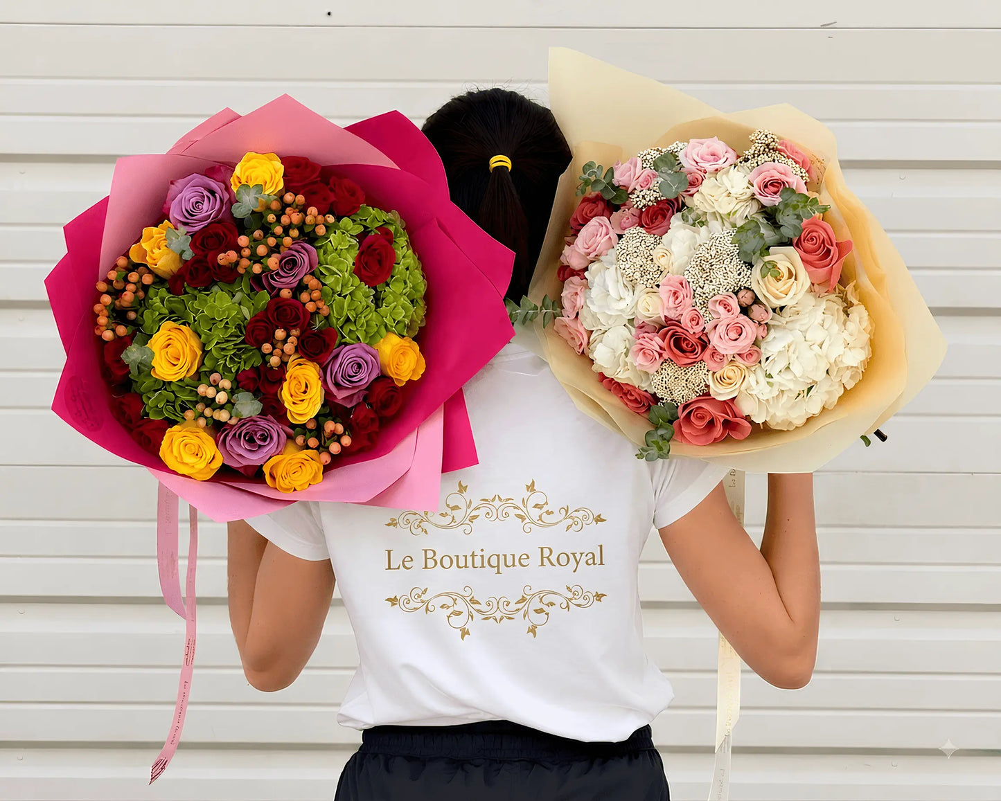 A person from behind holding two large, vibrant flower bouquets. The left bouquet is wrapped in bright pink paper and contains yellow, purple, red, and green flowers.
